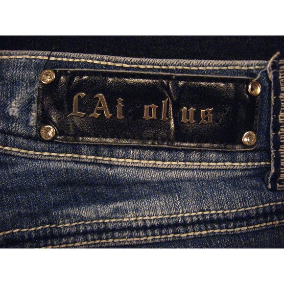 LA Idol USA Womens Jeans Blue Low-Rise Distress 1 Bootcut Flare Rhinestone - Picture 8 of 11